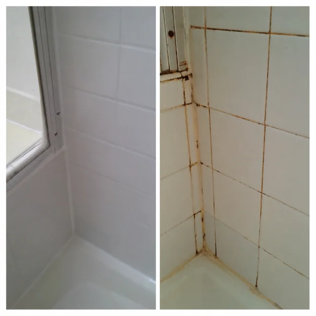 Side-by-side photos of renewed and worn shower grout